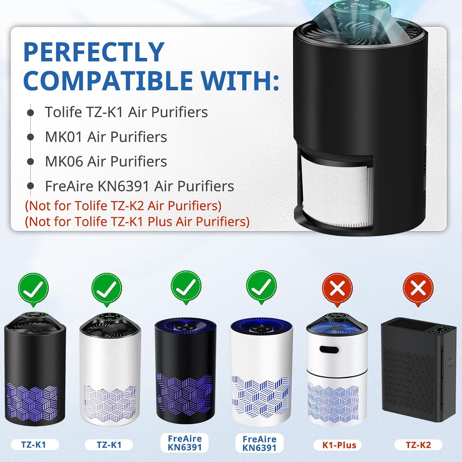 2 Pack TZ-K1 Replacement Filter Compatible with ToLife TZ-K1 Air Puri-fier, MK01 MK06 and FreAire KN6391 Air Purifi-ers, 3-in-1 H13 HEPA Filter, Activated Carbon and Pre-filter, 360° Rotating Filter - Image 3