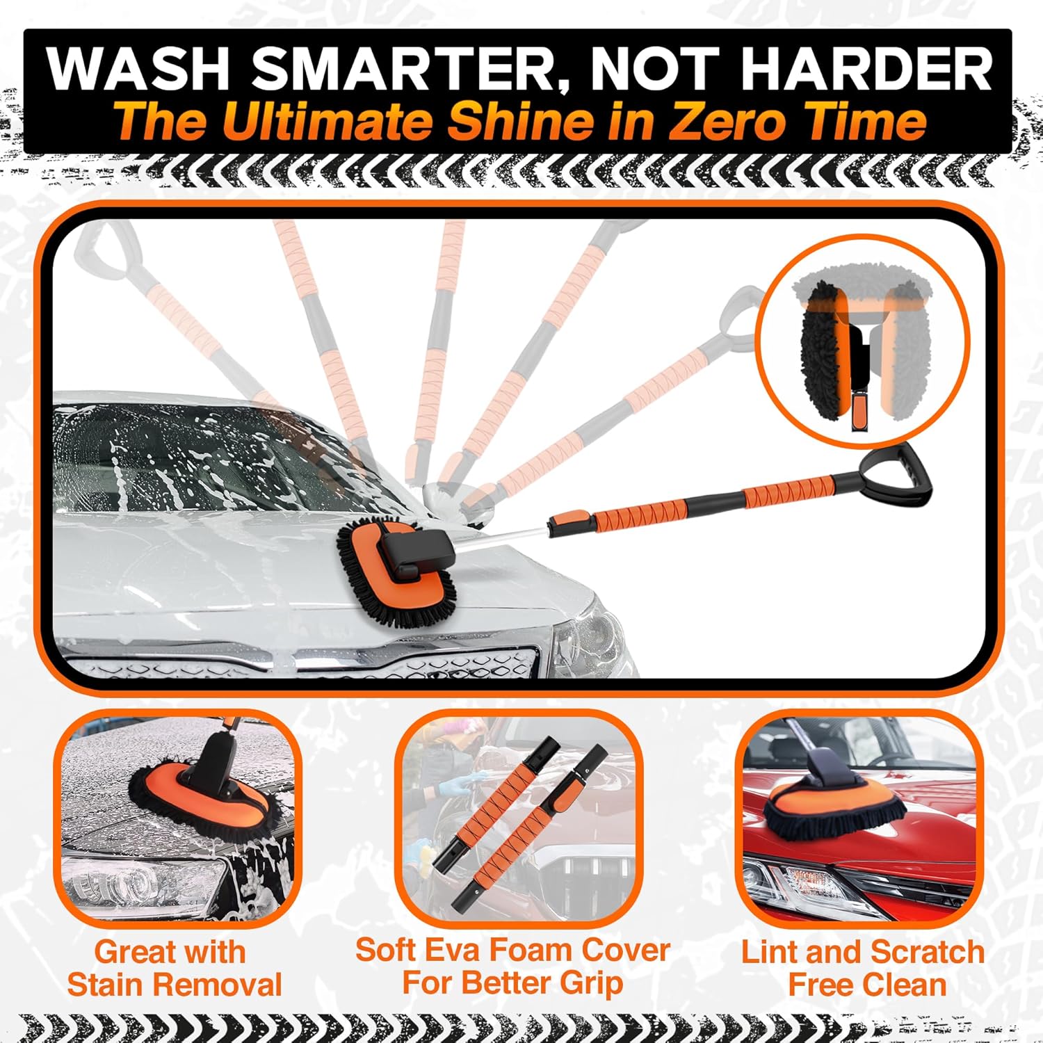 RoofPax Premium Car Wash Kit 48.8" Long Handle Chenille Microfiber Brush Car Wash Mop Scratch-Free Car Duster Exterior Wash Mitt Telescoping Handle Magic Sponge & Cleaning Kit for Cars Trucks and RVs - Image 5